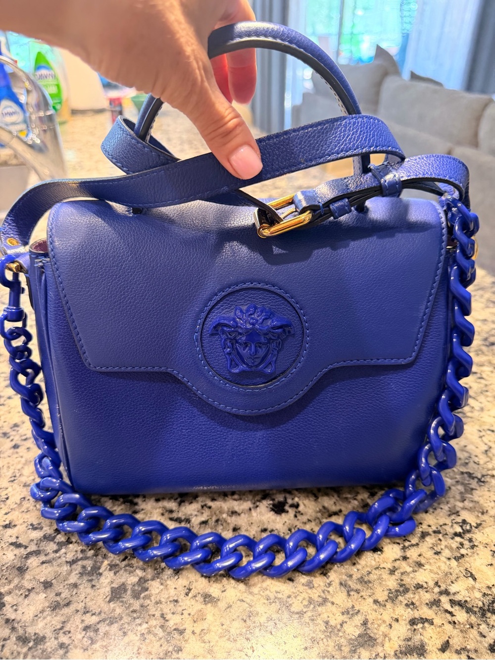 Versace Cobalt Blue Leather Crossbody Bag with Chain Strap